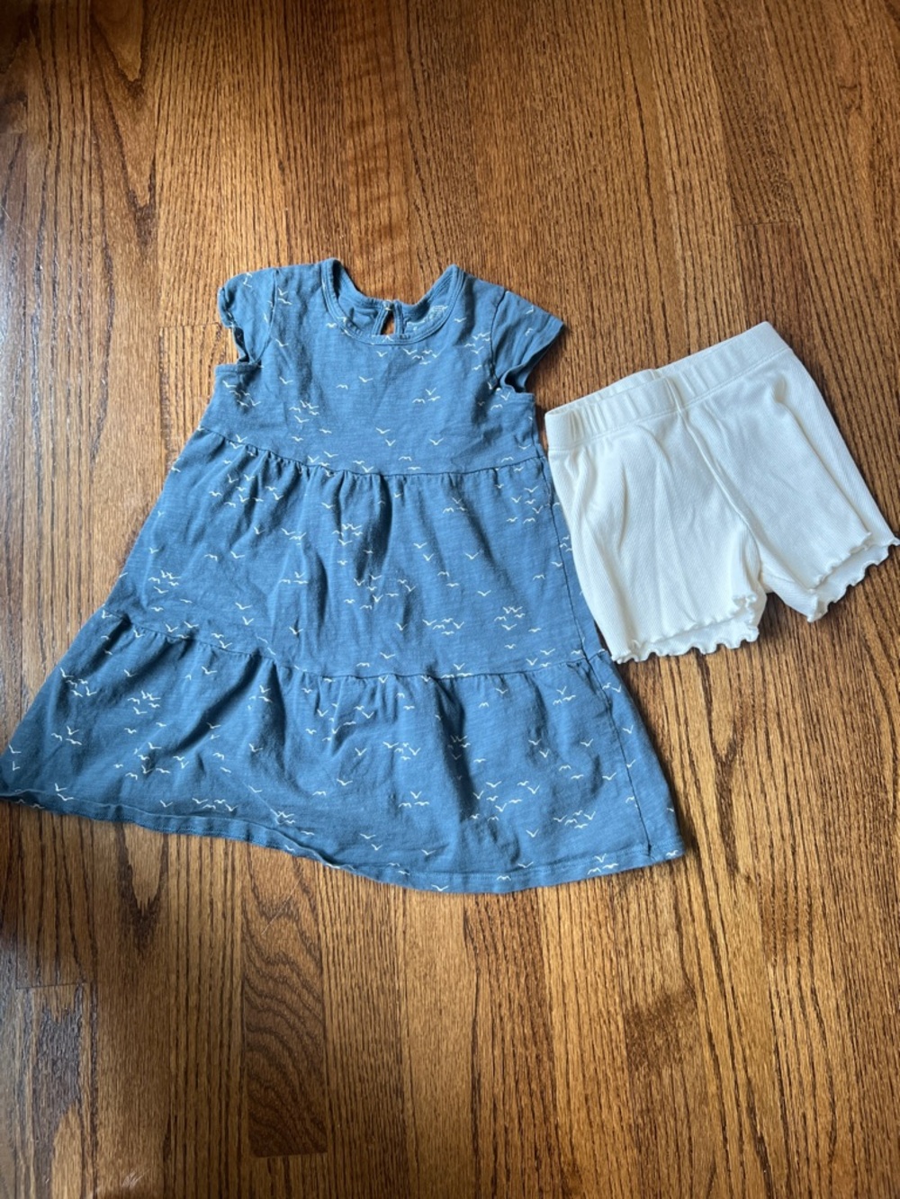 Blue Tiered Cotton Dress with Cream Shorts - Kids